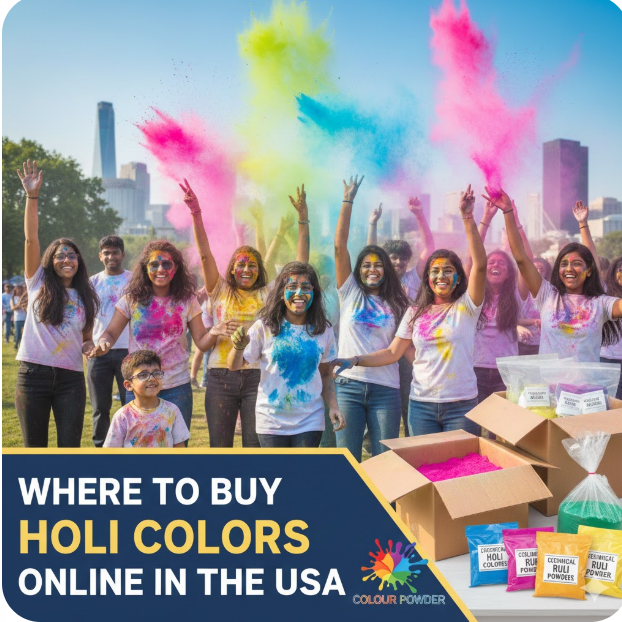 Group of people celebrating Holi outdoors in the USA with vibrant color powder in the air, featuring packaging of Holi color products and text saying “Where to Buy Holi Colors Online in the USA
