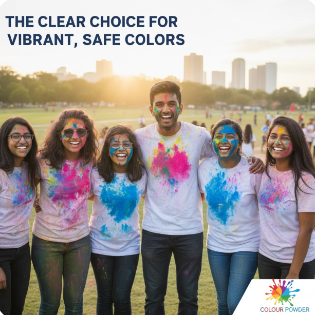 Group of smiling young adults covered in vibrant Holi color powder, standing together outdoors with city buildings in the background, promoting vibrant and safe colors by Colour Powder.